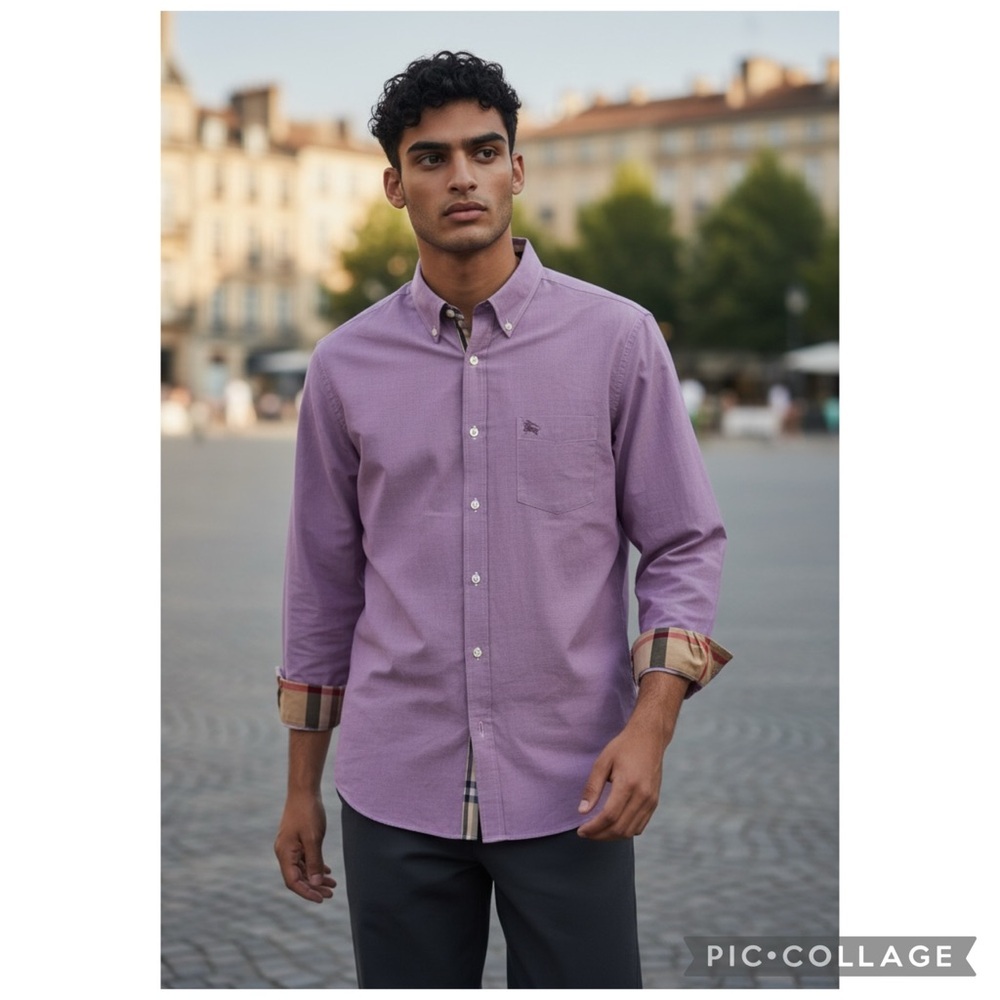 Burberry Brit Purple Micro Check Button Down Shirt Nova Check Trim Size XXL